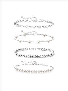 14K Gold Plated Pearl Beaded Bracelet Set - Adjustable Stackable Chain Jewelry